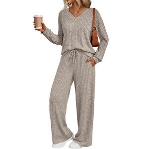 Cozy 2-Piece Lounge Set, V-Neck Top & Wide Leg Pants, OEKO-TEX Certified